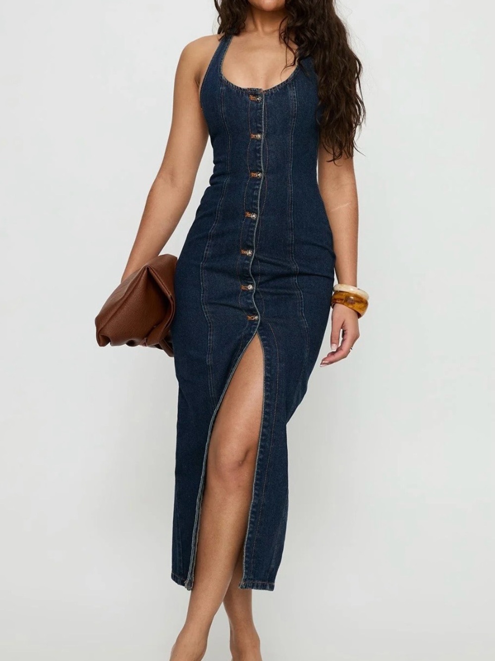 Lioness Dark Blue Denim Button-Front Midi Dress with Front Slit